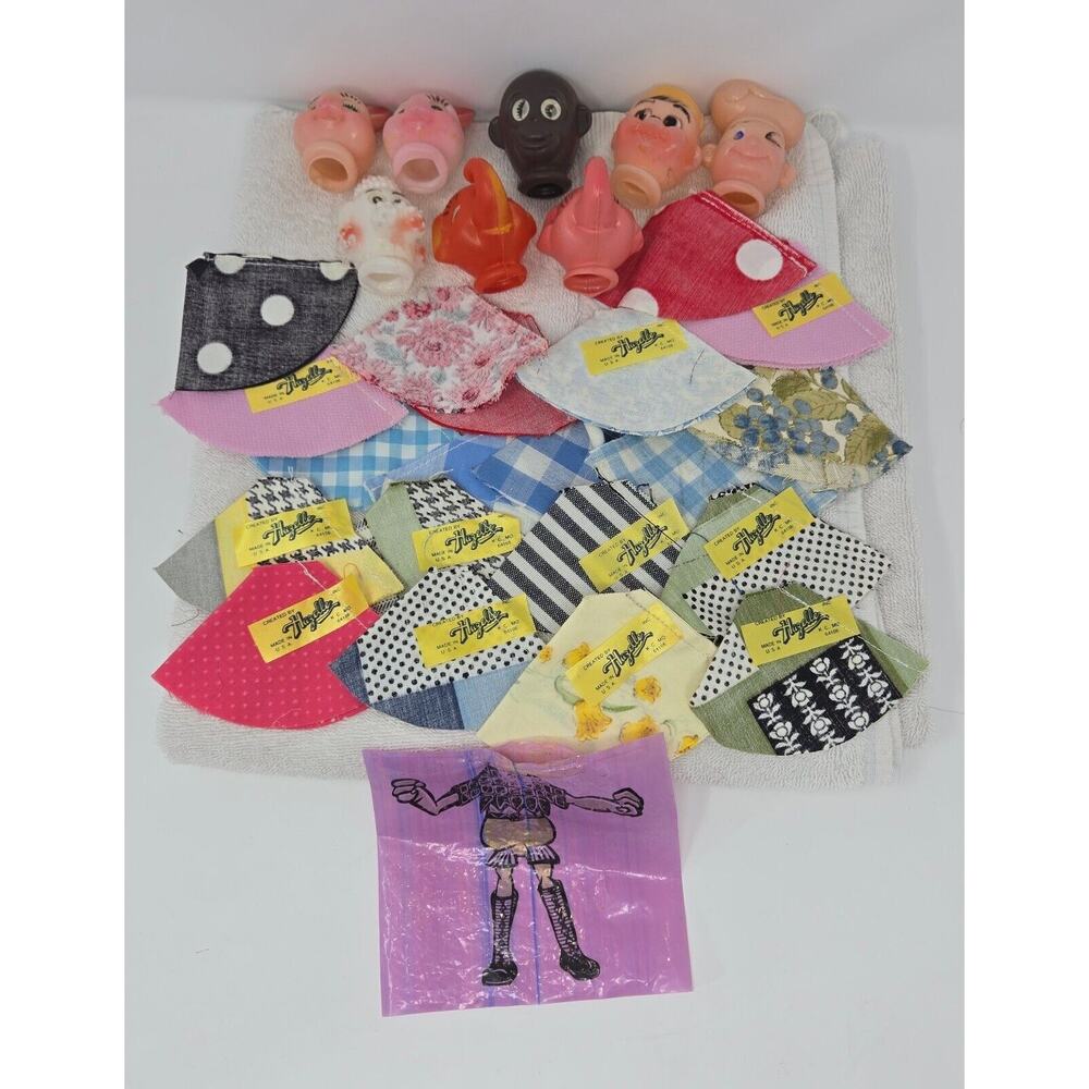 Hazelle Finger Hand Puppets Lot of 8 with 20 Fabric Shirts & 1 Plastic 1950s